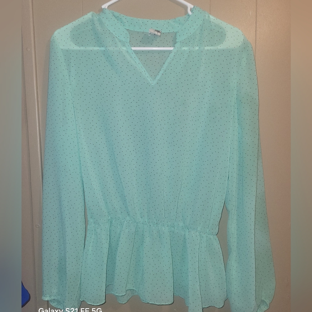 Mint Green Polka Dot Peplum Blouse - Lightweight V-Neck